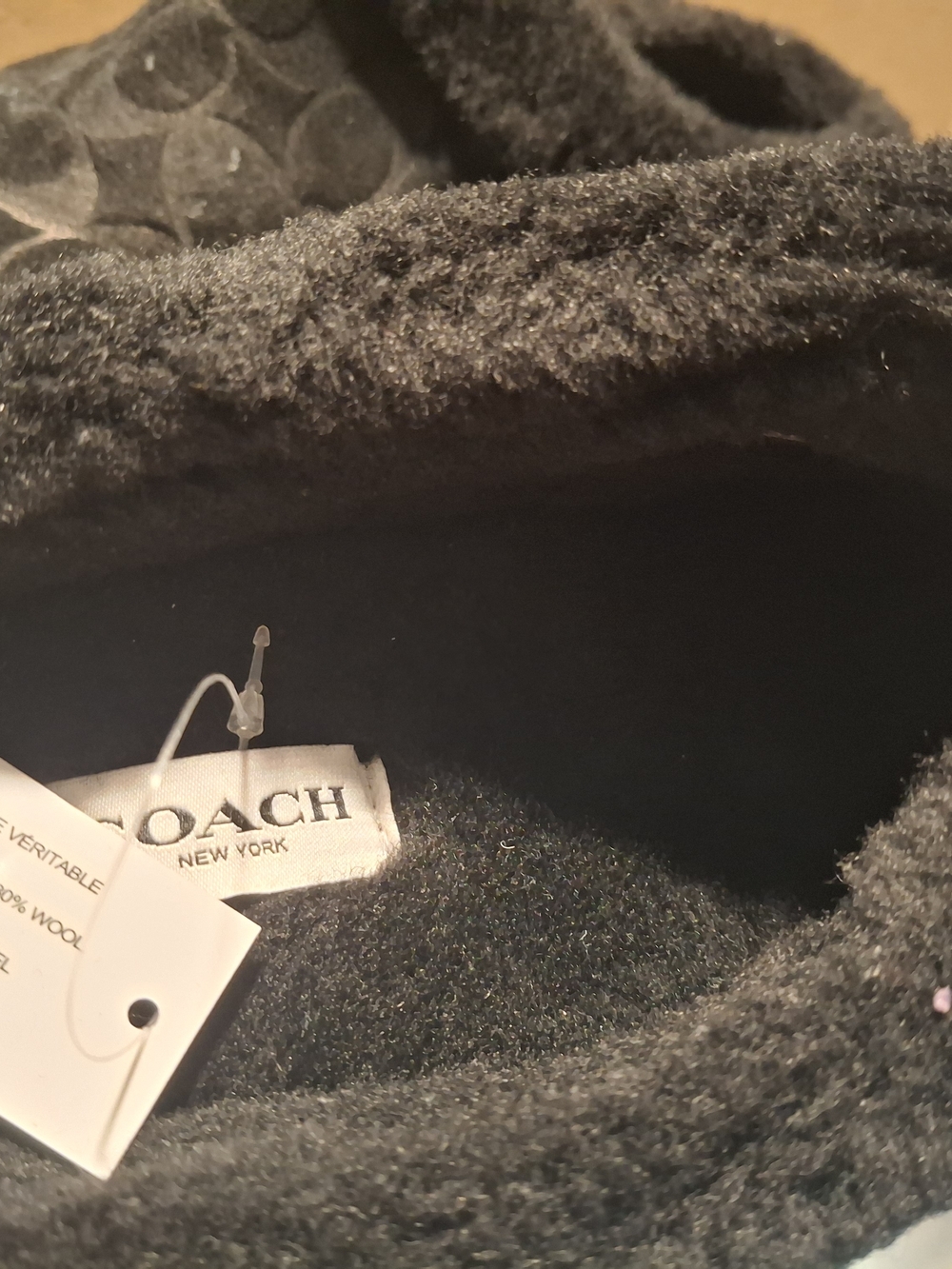 Coach Black Signature Suede Slip-On Slippers with Shearling Trim - Picture 2 of 6